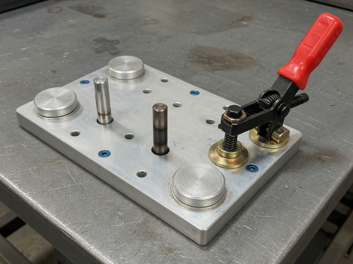 Aluminum inspection fixture with locators, pins, and a toggle clamp on a steel table.