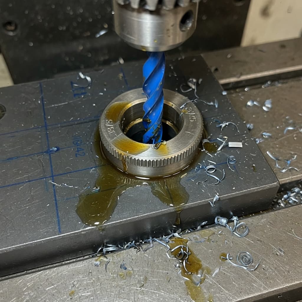 Blue drill bit cutting through a press-fit bushing in a steel jig plate.