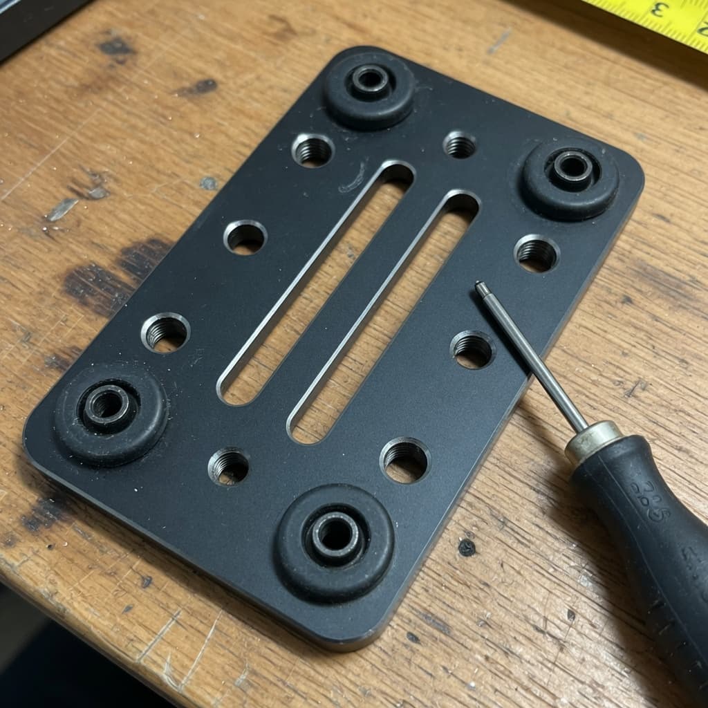 Black anodized payload plate with rubber isolation grommets on a wooden bench next to a hex driver.