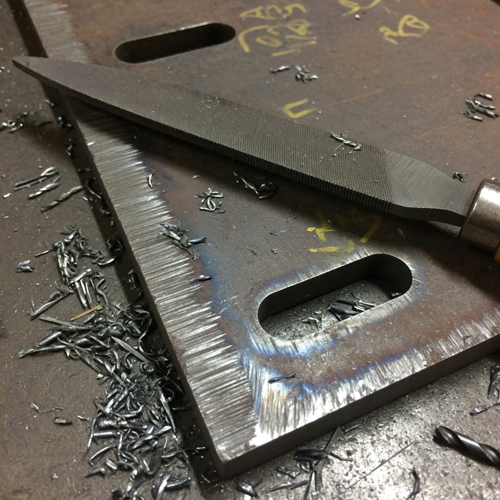 Hand file on a flame-cut steel plate with slotted holes and mill chips.