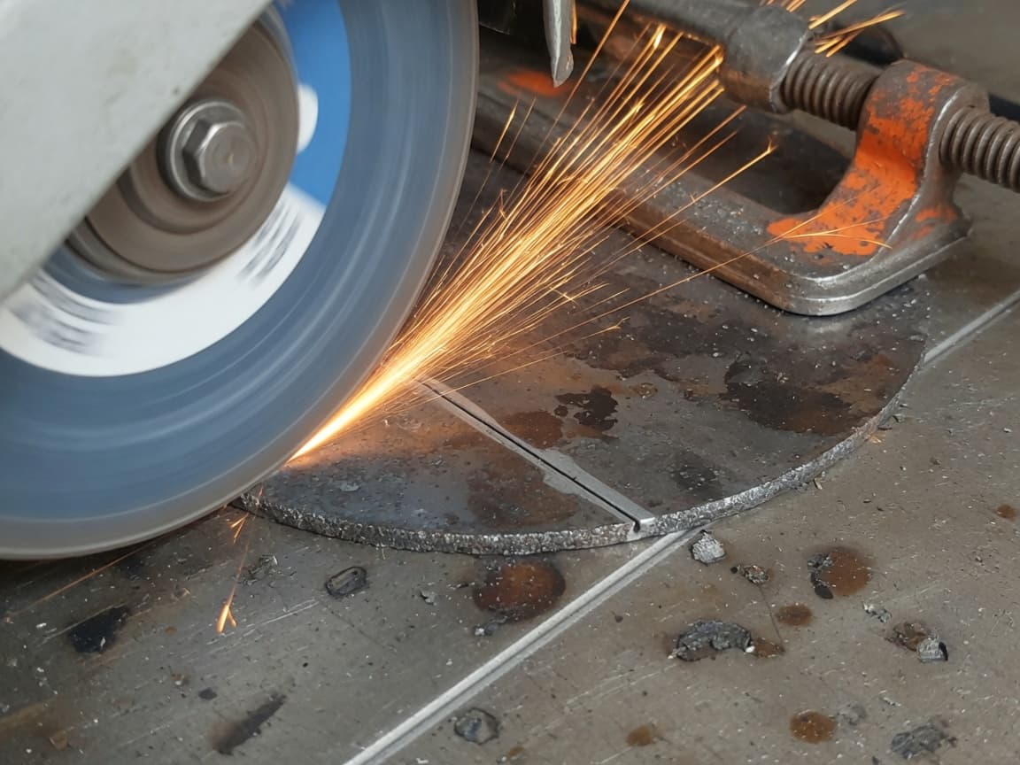 Abrasive saw cutting a steel plate held in a rusted clamp, with sparks.