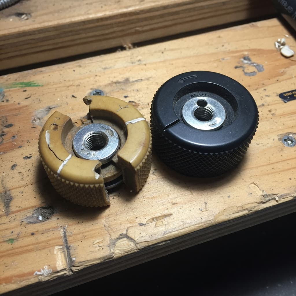 Cracked knurled knob beside a newly made replacement on a workbench.