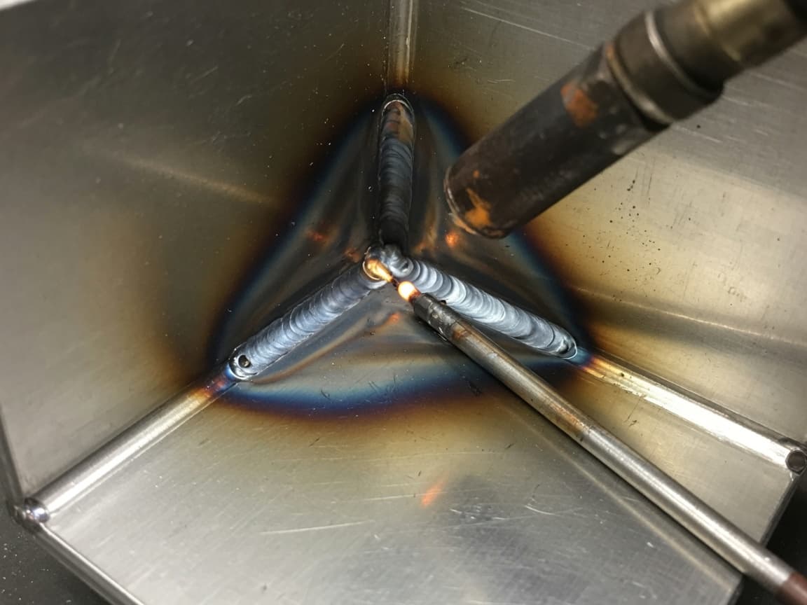TIG torch finishing a stainless inside-corner weld with heat tint.