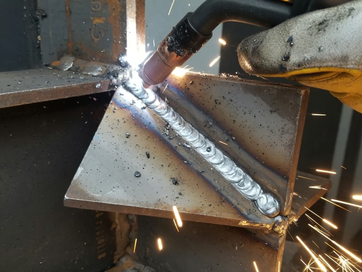 Close-up of a MIG fillet weld on a steel gusseted equipment bracket.