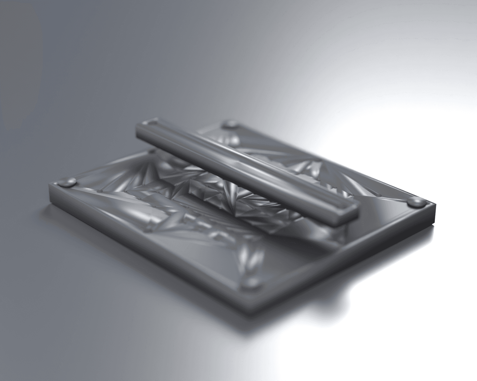 Assembly render — CF-Nylon pin plate, 64-pin field, pressed-in steel receptacles