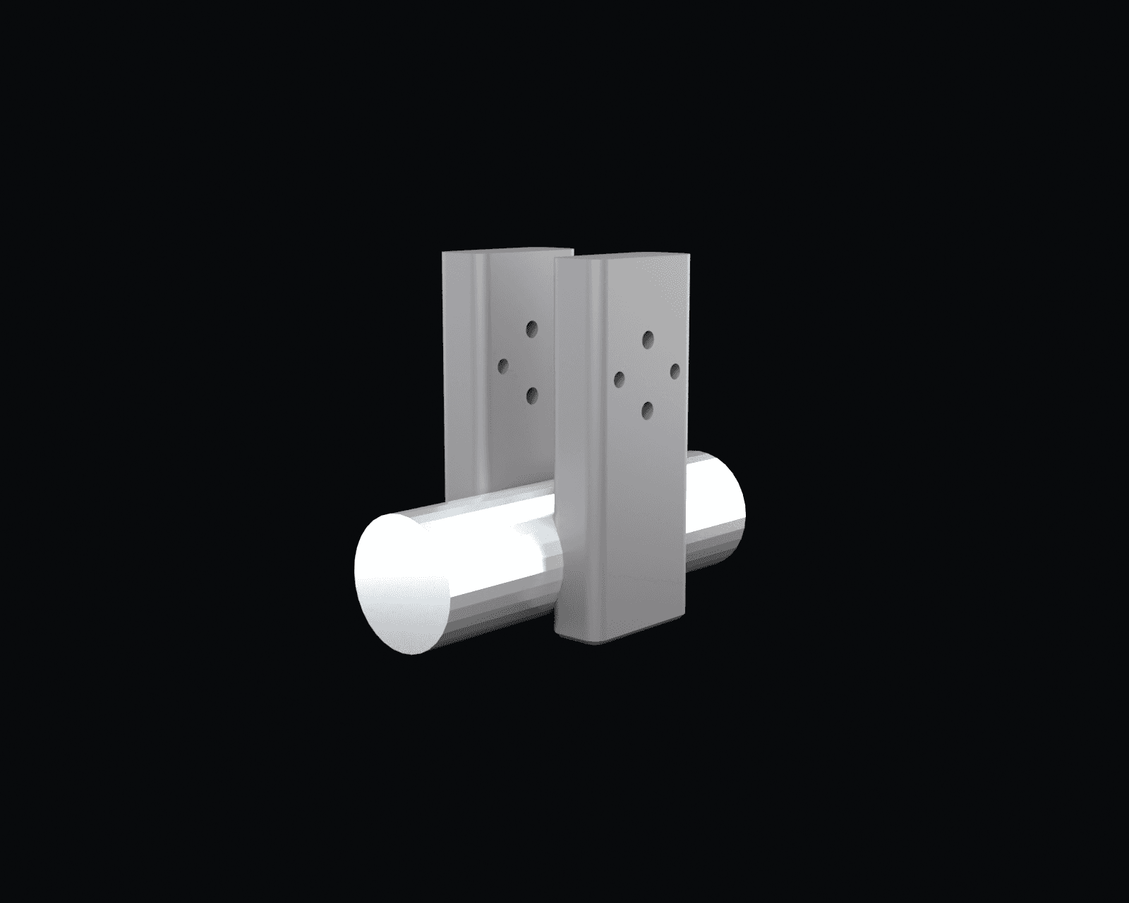 Assembly render — a CF-Nylon finger pair gripping round stock in the V-grooves