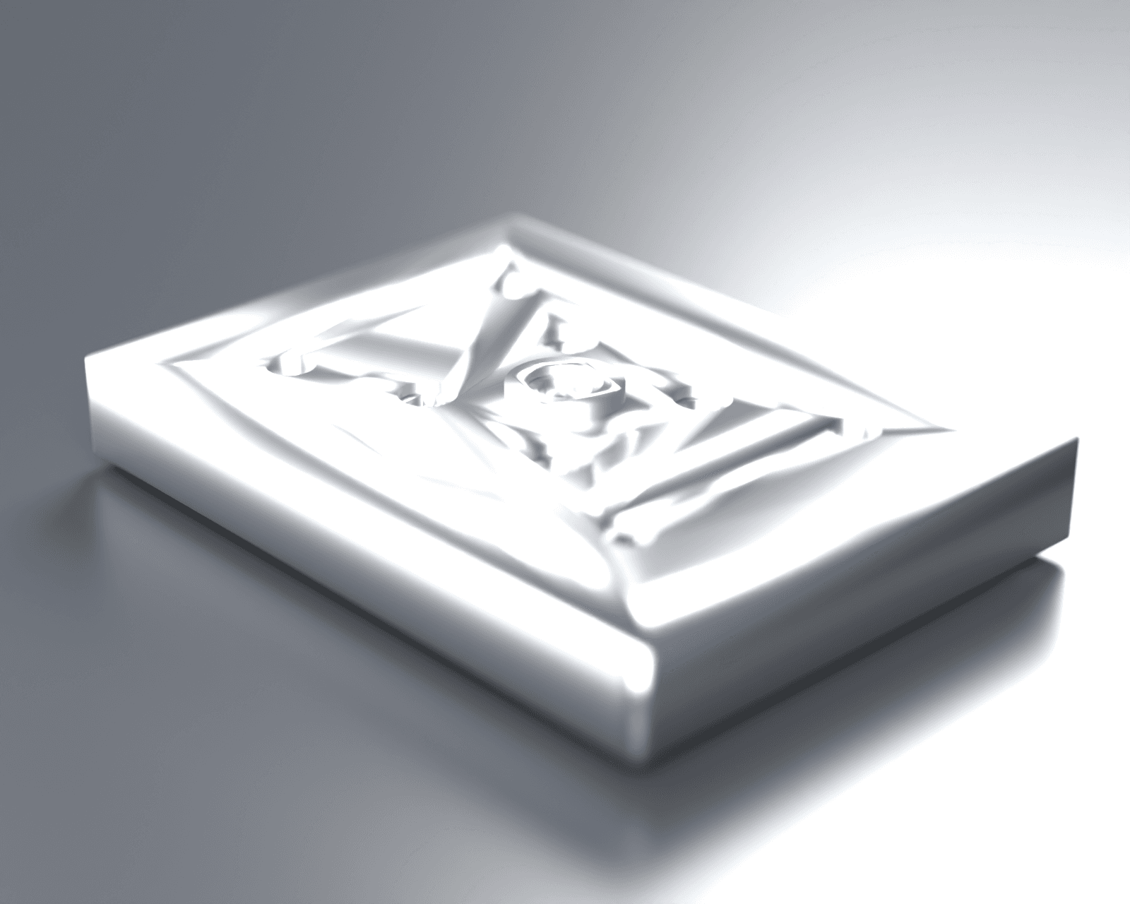 Assembly render — PETG plate, printed-in manifold, four suction cups